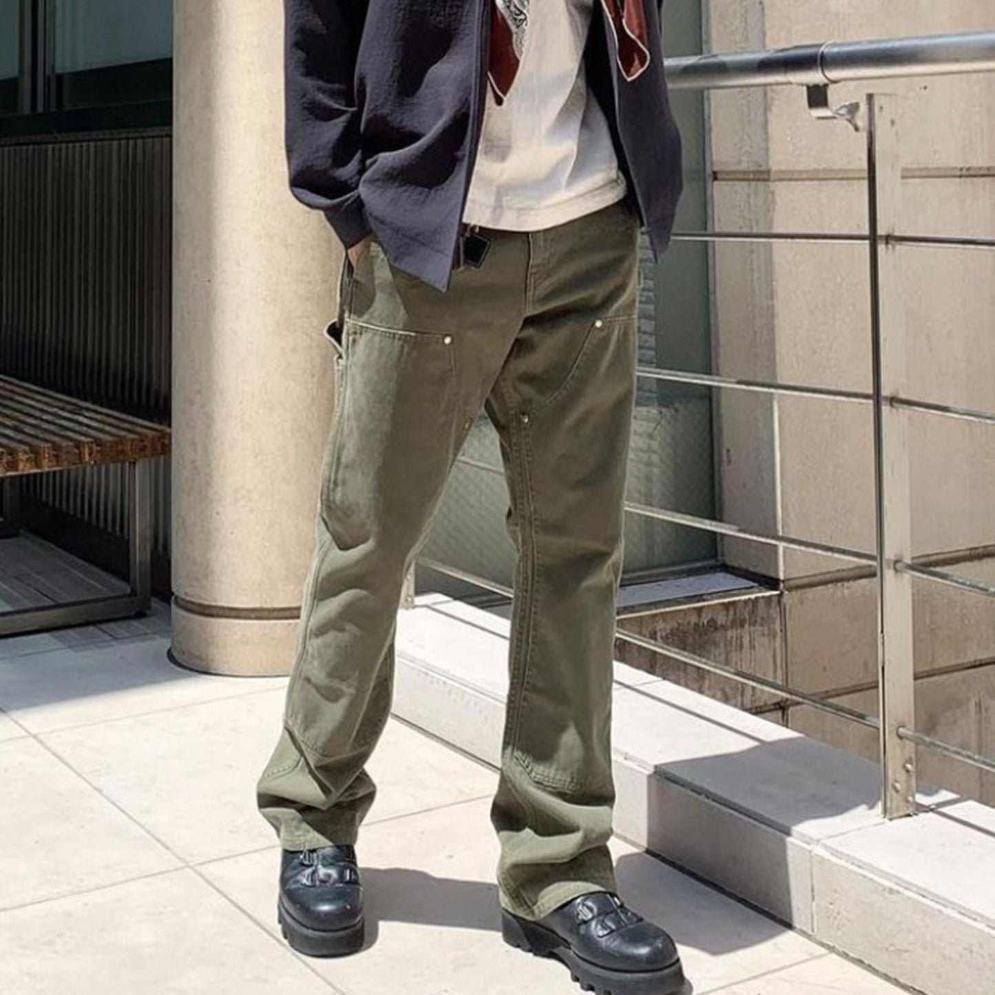 Trousers Unisex Washed Distressed Army Green Jeans