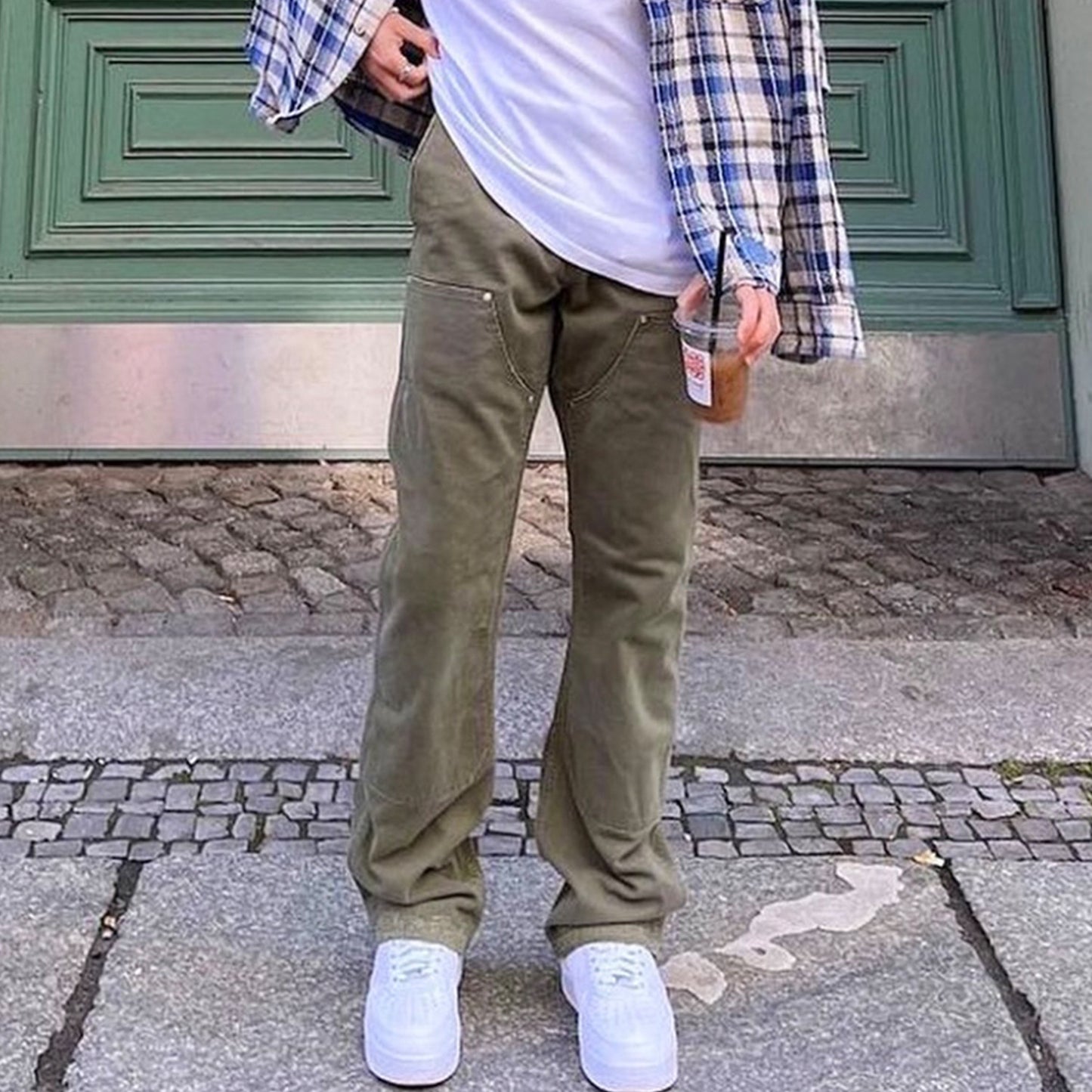 Trousers Unisex Washed Distressed Army Green Jeans